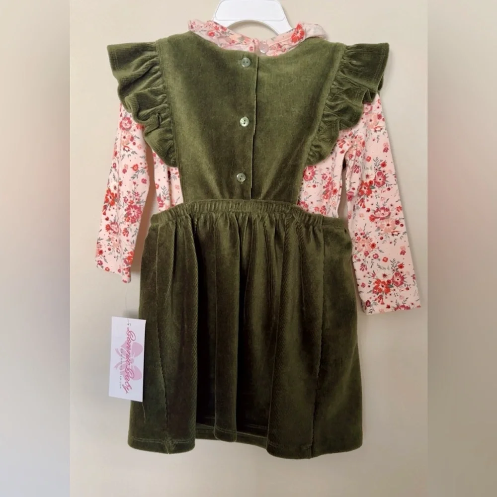Bonnie Baby Olive Dress with Floral Accents - Picture 3 of 3